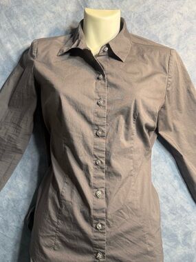 Crisp grey Button-Front Shirt with rhinestone buttons and cuffs